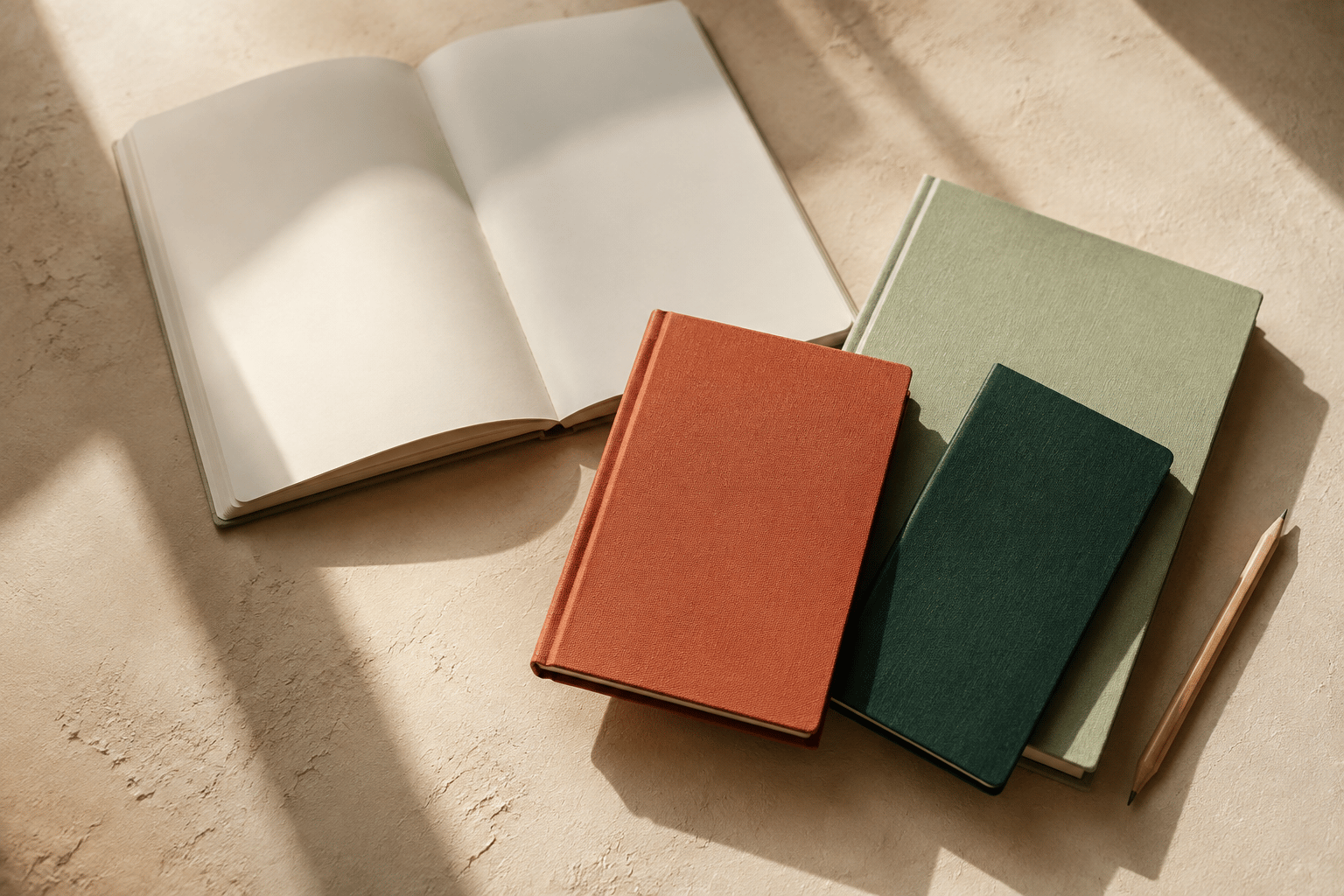 Cloth notebooks in sage, terracotta and forest green beside an open notebook and pencil in afternoon sunlight